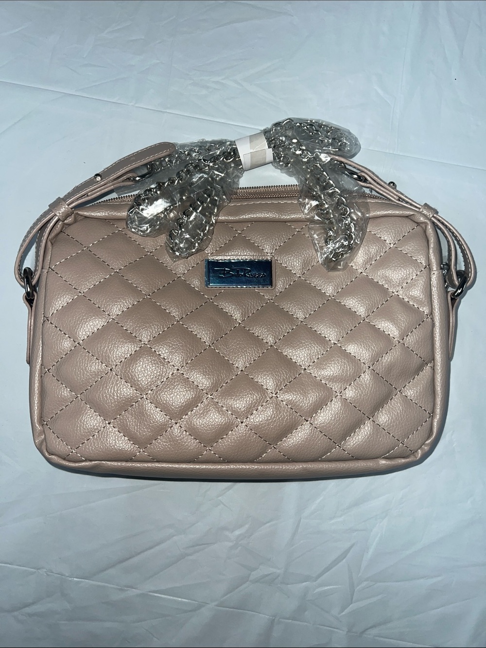 Bella Russo Taupe Beige Quilted Faux Leather Chain Crossbody Camera Bag
